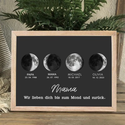 Personalisiertes Holzschild mit Mondphasen-Rahmen für die Familie der Mutter mit Namen und Geburtstagsdaten der Kinder, einzigartiges Schild, Geschenk für Mama, Oma, Muttertag, Geschenkideen