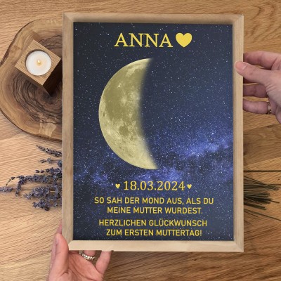 Personalisiertes Holz-Fotorahmenschild mit Mondphasendruck und Datum, einzigartige Geburtstagsgeschenke für neue Mama, Babyparty-Geschenk, Muttertagsgeschenkideen