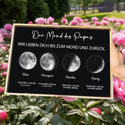 Personalisiertes Holzschild mit Mondphasendruck für Papa, Familienrahmen mit Kindernamen, Geburtstagsgeschenk, perfektes Geschenk für Papa, einzigartige Geschenkideen zum Vatertag