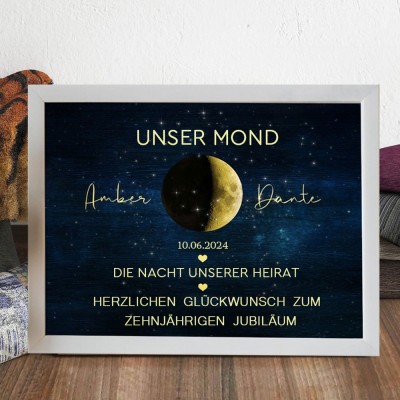 Die Nacht, in der wir geheiratet haben. Individuelles Holzschild mit Aufdruck „Unsere Mondphase“ für Paare mit Jahrestagsdatum. Einzigartiges Geburtstagsgeschenk für Seelenverwandte. Jahrestagsgeschenk. Geschenkideen zum Valentinstag.