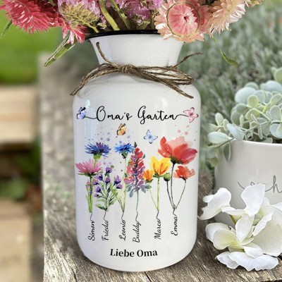 Personalisierter Kunstdruck „Omas Garten“, Geburtsblumen-Familienvase mit Kindernamen, einzigartige Geschenke für Mama, Oma, Geburtstagsgeschenk für neue Mama, Muttertagsgeschenke