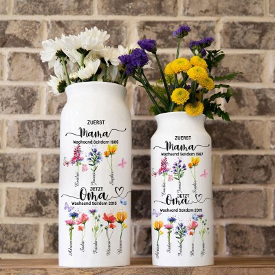 Personalisierte Kunstdruckvase „Erste Mama, jetzt Oma“ mit Geburtsblumen und Kindernamen. Das ideale Geschenk für Mama, Oma, einzigartige Familiengeschenke zum Muttertag