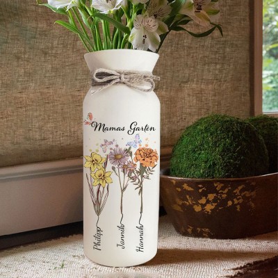 Personalisierte Aquarellvase „Mamas Garten“ mit Blumen zur Geburt und Namen der Kinder. Das perfekte Familienandenken für Mama und Oma. Einzigartige Geschenkideen zum Muttertag