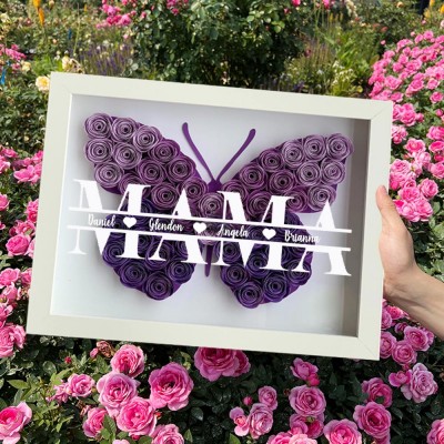 Personalisierte Mama Schmetterlingsförmige Papierblumen-Schattenbox mit Kindernamen, einzigartiges Familiengeschenk für Mama, Oma, Muttertagsgeschenkideen