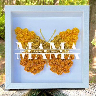 Benutzerdefinierte Kunstdruck Mama Schmetterling geformt Papier Blume Schatten Holz Box mit Kindernamen einzigartiges Andenken Geschenk für Mama Oma Muttertag Geschenkideen