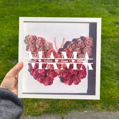 Personalisierter Kunstdruck für Mama, Schmetterlingsform, Papierblume, Schatten, Holzbox und Kindernamen – Familienandenken, Geschenk für Mama, Oma, Geschenkideen zum Muttertag