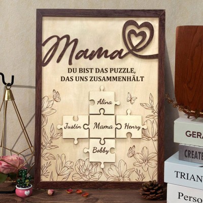 „Mama, du bist das Teil, das uns zusammenhält“. Individuelles Puzzleteil-Rahmenschild mit Kindernamen, Geschenk für neue Mutter, einzigartige Geschenkideen zum Muttertag