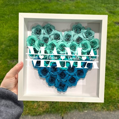 Personalisierte Papierblumen-Schatten-Holzkiste mit Kunstdruck, Mutter- und Kindernamen, einzigartiges Erinnerungsgeschenk für Mutter und Oma, einzigartige Geschenkideen zum Muttertag
