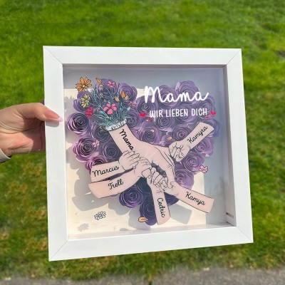 Blumen-Schattenbox mit den Namen der Kinder, „Mama, wir lieben dich“, Händchenhaltend, individuelle Geschenke für Mama, einzigartiges Muttertagsgeschenk für Oma