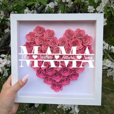 Benutzerdefinierte Kunstdruck-Mutter-Papier-Blumen-Schatten-Holzrahmen-Box mit Kindernamen, einzigartiges Familiengeschenk für Mama und Oma, besondere Ideen zum Muttertag