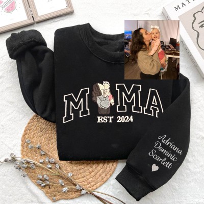Benutzerdefiniertes Mama-Portrait, Foto, bestickter Sweatshirt-Hoodie mit Kindernamen auf dem Ärmel, einzigartiges Geburtstagsgeschenk für Mama, Oma, Muttertagsgeschenkideen, Babyparty-Geschenk