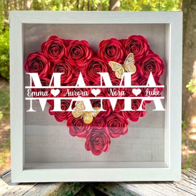 Personalisierte Mama-Papierbox mit Blumen-Schatten-Holzrahmen und Kindernamen, einzigartiges Geschenk für Mama, Oma, Muttertagsgeschenkideen
