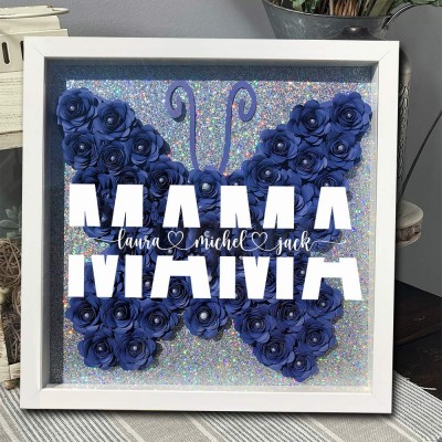 Personalisierter Kunstdruck für Mama, Schmetterlingsförmige Blumen-Schatten-Holzbox mit Kindernamen, perfektes Geschenk für Mama, Oma, Muttertagsgeschenk