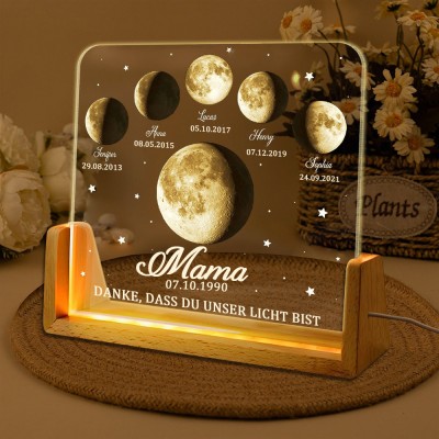 Mama, danke, dass du unser Leitlicht bist. Individuelles Mondphasen-Nachtlicht mit Kindernamen. Geschenke für Mama zum Muttertag.