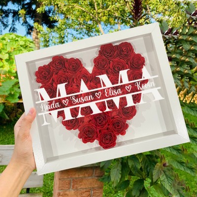 Personalisierte Kunstdruck-Mutter in Herzform, Papierblume, Schattenholzbox mit Kindernamen, Andenkengeschenk für Mama und Oma, einzigartiges Muttertagsgeschenk