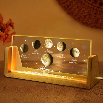 Personalisiertes Mondphasen-Nachtlicht nach Datum mit Kindernamen. Andenkengeschenke für Mama. Geschenkideen für neue Mamas zum Muttertag.