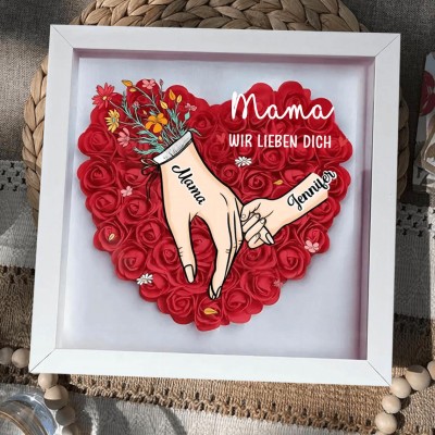 Schattenbox mit Blumenmotiv „Wir lieben dich, Mama, Händchen haltend“ mit den Namen der Kinder, Andenken, Geschenke für Mama und Oma, Muttertagsgeschenk