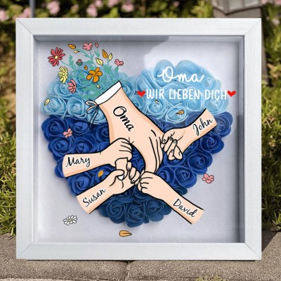 Benutzerdefinierte "Wir lieben dich, Oma, Händchen haltend" Blumen-Schattenbox mit den Namen der Enkelkinder, Geschenke für Oma, Mama, Muttertagsgeschenk