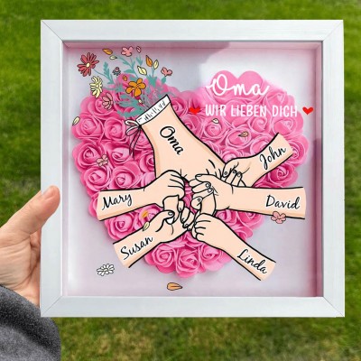 Wir lieben dich, Oma hält Hände, Blumen-Schattenbox mit den Namen der Enkel, personalisierte Geschenke für Mama, Oma, Muttertagsgeschenk