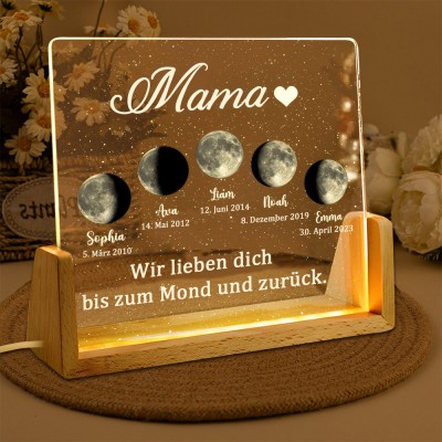 Wir lieben dich bis zum Mond und zurück, personalisiertes Mondphasen-Nachtlicht mit Kindernamen, einzigartige Geschenke für Mama, Muttertagsgeschenk
