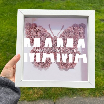 Personalisierter Kunstdruck für Mama, Schmetterlingsförmige Blumen-Schatten-Holzbox mit Kindernamen, einzigartiges Familiengeschenk für Mama, Oma, Muttertag