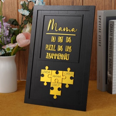 Personalisiertes Familienschild aus Holz für Mama-Puzzleteile mit Kindernamen. Einzigartige Geburtstagsgeschenke für Mama und Oma. Einzigartige Muttertagsgeschenke.