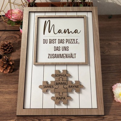Personalisiertes Mama-Puzzle aus Holz mit Namensschild „Mama, du bist das Stück, das uns zusammenhält“, Familienandenken, Geschenk für Mama, Oma, mit Kindernamen – einzigartige Geschenkideen zum Muttertag