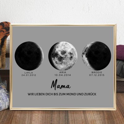Personalisierter Kunstdruck-Mondphasen-Druckrahmen für Mama mit Kindernamen und Geburtsdatum, Familiengeschenk aus Holz für Mama Einzigartige Geschenkideen zum Muttertag für Oma