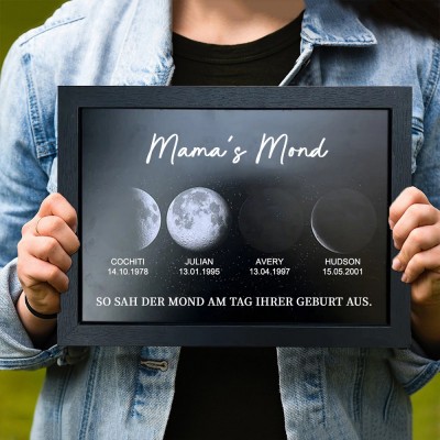 Personalisiertes Rahmenschild aus Holz mit Mondphasen-Kunstdruck, mit Kindernamen, Familienandenken, Geschenke für Mama und Oma, einzigartige Muttertagsgeschenke