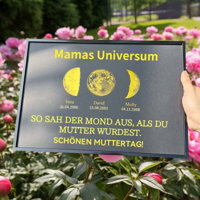 Personalisiertes Holz-Kunstdruck-Mondphasen-Rahmenschild mit Kindernamen, individuelles Familiengeschenk für Mama, Oma, einzigartige Muttertagsgeschenke