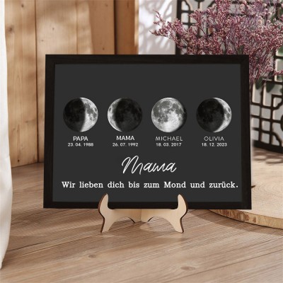 Personalisierter Kunstdruck, Holzrahmen, Familienschild mit Mondphasen und Kindernamen, Andenken, Geschenk für Mama, Oma, einzigartige Geschenkideen zum Muttertag