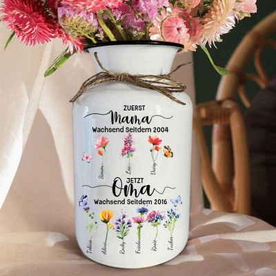Personalisierte Vase „Erste Mutter, jetzt Oma“ mit Geburtsblumen und Kindernamen. Einzigartige Familiengartengeschenke für Mutter und Oma. Geschenkideen zum Muttertag
