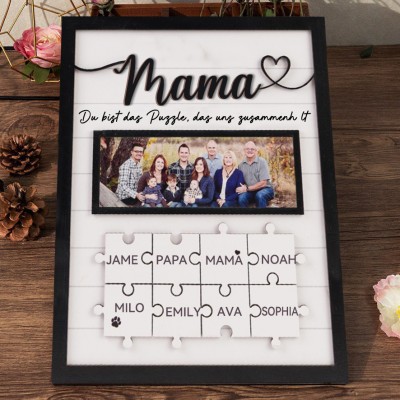 Personalisiertes Familienfoto-Holzpuzzle-Teile-Schildrahmen mit Kindernamen, einzigartiges Geschenk für Mama, Oma, Muttertagsgeschenk