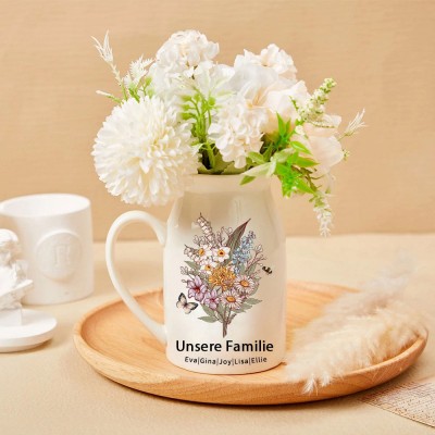 Personalisierter Familiengarten-Kunstdruck, Geburtsblumenstrauß in Vase mit Kindernamen, einzigartiges Geschenk für Oma, Mama, Muttertag, Geschenkideen