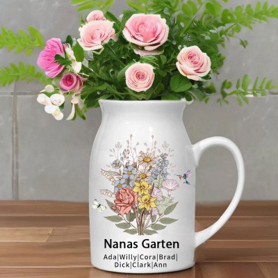 Personalisierter Kunstdruck „Omas Garten“, Blumenstrauß zur Geburt, Vase mit den Namen der Enkelkinder, einzigartiges Geschenk für Mama, Oma, Geschenkideen zum Muttertag