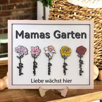 Personalisierter Geburtsblumen-Bilderrahmen „Omas Garten“ mit den Namen der Kinder – Liebesgeschenk für Mama, Oma und Muttertag