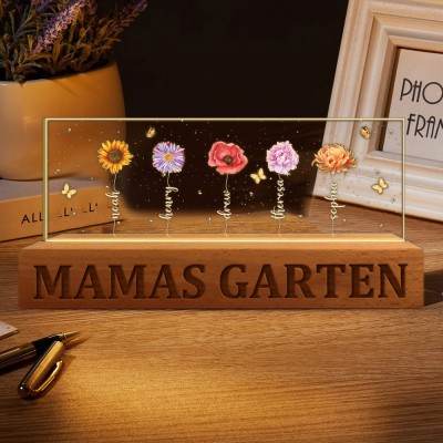 Personalisiertes Nachtlicht aus Holz mit Geburtsblumen-Print, Omas Garten, mit Namen der Enkelkinder, einzigartige Geburtstagslampe, Geschenk für Mama, Oma, Muttertag, Geschenkideen