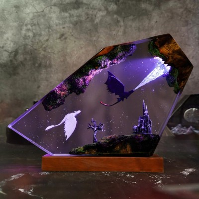 Fliegendes Drachenpaar Harz-Holz-Lampe, Fantasy-Nachtlicht für Paare, Geburtstagsgeschenk für Ihn