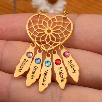 Personalisierte Halskette mit herzförmigem Blumenanhänger und Geburtssteinen, graviert mit den Namen der Kinder – ein individuelles Erinnerungsgeschenk für Mama und Oma.