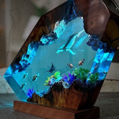 Riesige Buckelwal- und Meeresschildkrötenschule aus Holz, Meeresharz-Nachtlampe, einzigartiges Lampengeschenk für Sie, Geburtstagsgeschenkideen für Freundin, besonderes Jubiläumsgeschenk für Paare