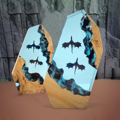 Feuerdrache und Eisdrache, Harz-Holzlampe, Nachtlicht, individuelles Geburtstagsgeschenk für Freund, Freundin, einzigartiges Paar, Jahrestagsgeschenk für Seelenverwandte