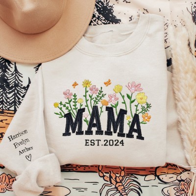 Personalisierter Mama-gestickter Sweatshirt-Hoodie mit Namen auf dem Ärmel, Muttertagsgeschenk