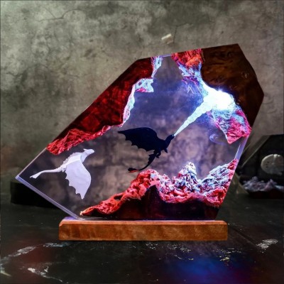 Handgefertigte "Fliegender Drache" Lampe aus Epoxidharz und Holz – Einzigartiges Geschenk für Paare & Weihnachtsgeschenkidee.