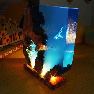 Ozean Hai Epoxidharz Holzlampe, Taucher Nachtlicht, einzigartiges Weihnachtsgeschenk, Geburtstagsgeschenk für Sie & Ihn
