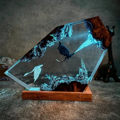 Handgefertigte Eisdrachen-Lampe aus Epoxidharz und Holz | Einzigartige Wohnkultur | Geschenk für Paare | Weihnachtsgeschenk