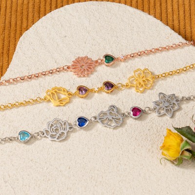 Personalisiertes Armband mit Geburtsmonatsblume und Geburtsstein-Design für Frauen – Geschenk für Mama, Oma, Geburtstagsgeschenk für sie