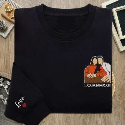 Individuell besticktes Paar-Sweatshirt mit Porträt und römischen Ziffern, Jubiläumsgeschenk für Sie zum Valentinstag