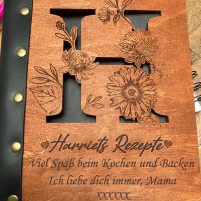 Rezeptbuch mit Ledereinband, Blanko-Ordner, personalisiertes Notizbuch mit Holzdeckel, Erinnerungsstück, Weihnachtsgeschenk für Mama