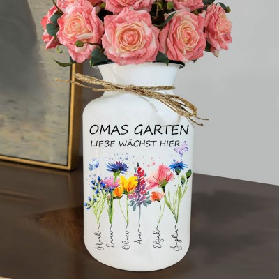 Personalisierter Kunstdruck „Nanas Garten“, Blumenvase zur Geburt mit den Namen der Enkelkinder, einzigartige Geschenke für die Familie im Innenbereich, Geburtstagsgeschenk für Mama, Oma, Muttertagsgeschenke