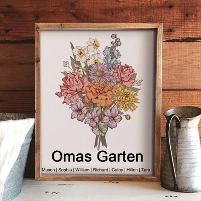 Personalisiertes Holzschild mit Blumenstrauß-Druckrahmen für den Geburtsmonat von Müttern im Garten mit den Namen der Kinder. Einzigartige Geburtstagsgeschenke für Mama, Oma, Mama, Schwangerschaftsgeschenk, Muttertagsgeschenkideen